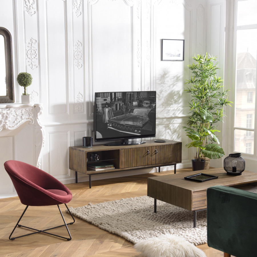 ISA - Meuble TV marron bois de jamelonier et cannage couleur naturelle