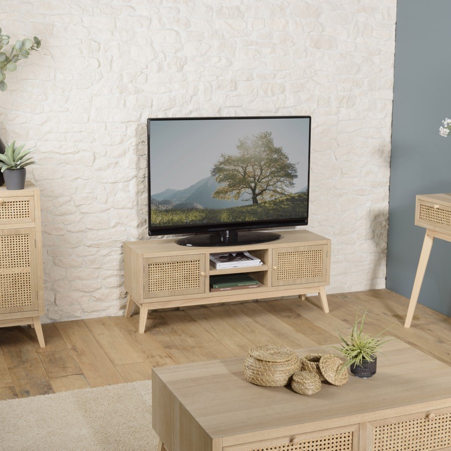 ALICIA Meuble TV 2 portes 2 niches cannage naturel