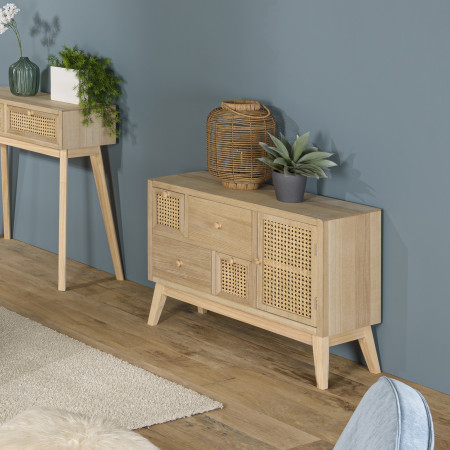ALICIA - Buffet 1 porte 4 tiroirs cannage naturel