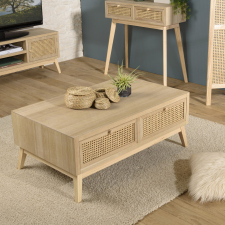 ALICIA - Table basse 4 tiroirs cannage naturel