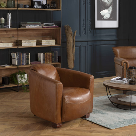 GASTON - Fauteuil marron CHICAGO vintage cuir...