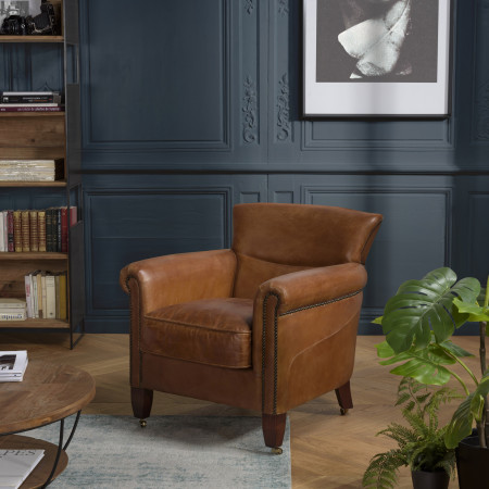 GASTON - Fauteuil marron VERONE vintage cuir...