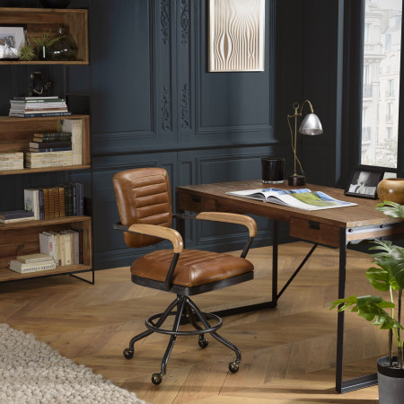 GASTON - Fauteuil DESK vintage cuir marron et...