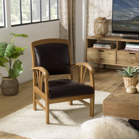 ERIS - Fauteuil teck et cuir marron