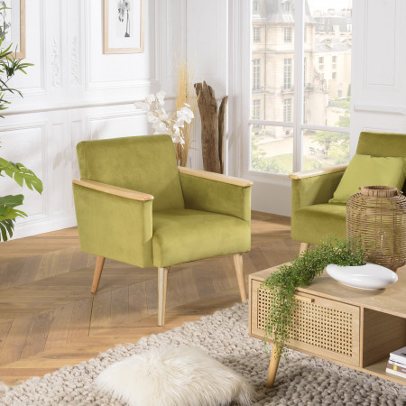 ALBANE - Fauteuil velours vert clair pieds et...