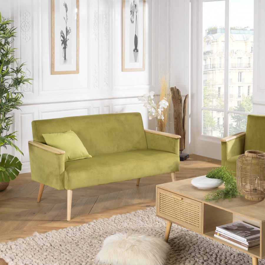 Canapé-Lit en Tissu Vert Clair Bois et Métal Style Rétro